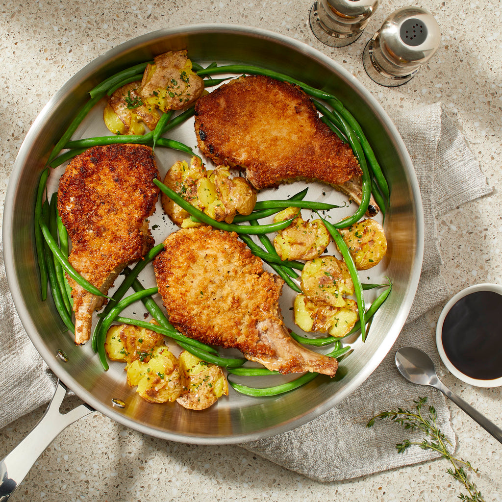 Balsamic Glazed Breaded Pork Chops with Green Beans and Pressed Potatoes